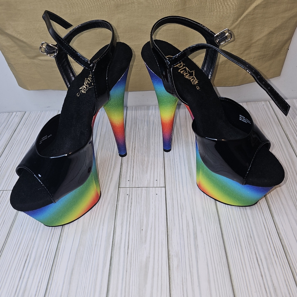 Pleaser Adore 7" Ankle Strap Black Pat/Rainbow Glitter Heels Size 8